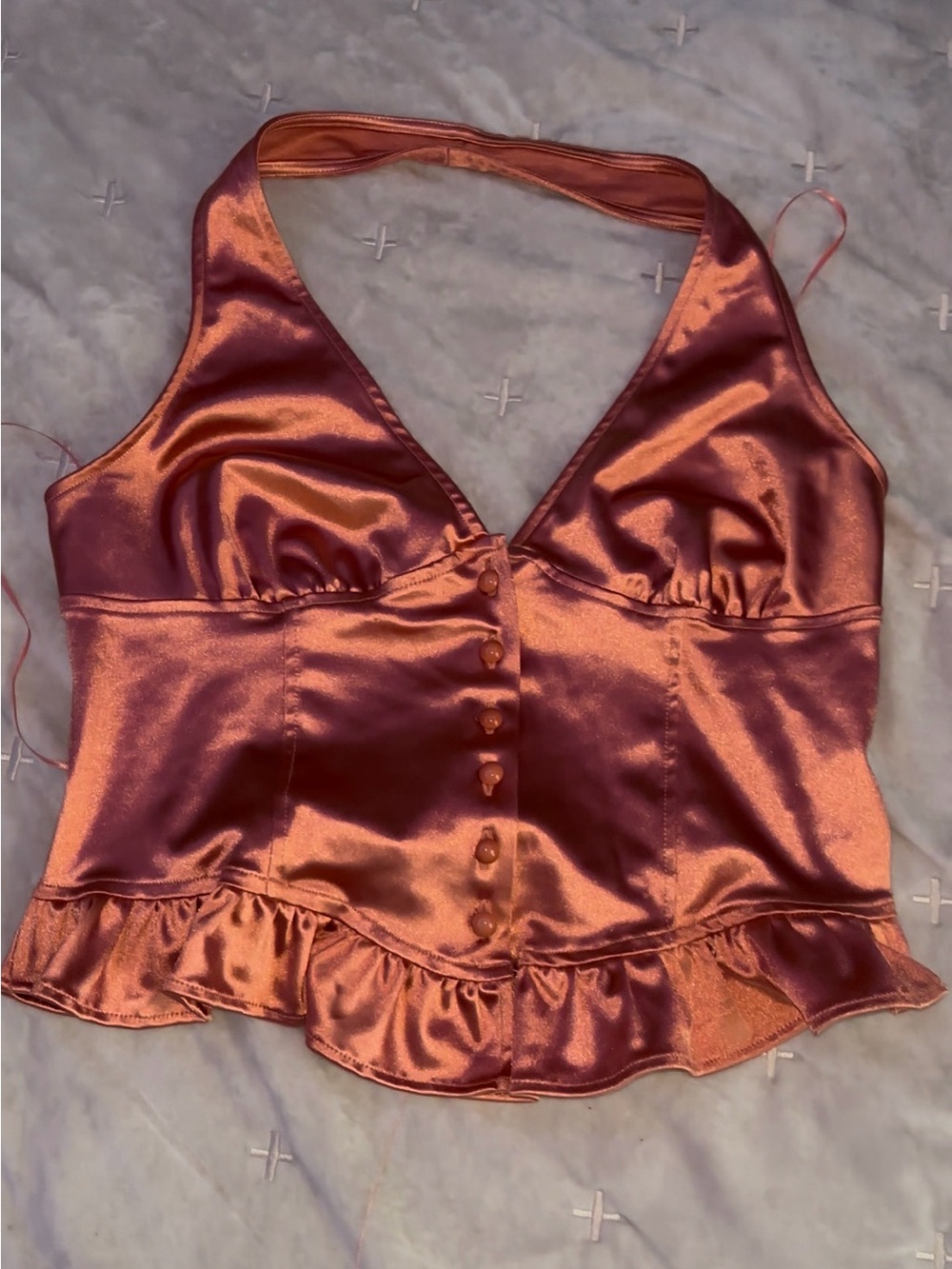 Kimchi Blue Satin Copper Halter Button-Front Top